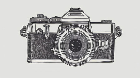Vintage camera hand drawn vector illustration in engraving style.の素材