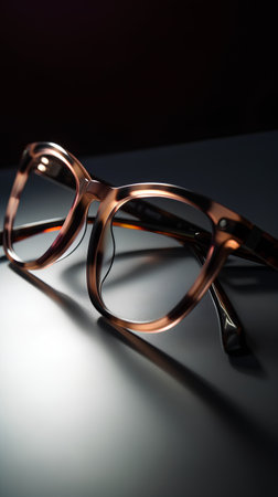 eyeglasses on the table in a dark room, close upの素材