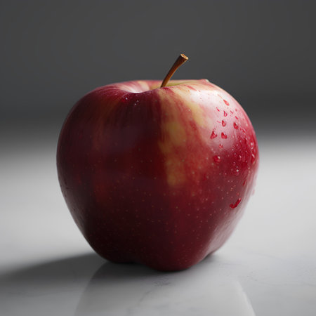Red apple with water drops on a gray background. Close-up.の素材