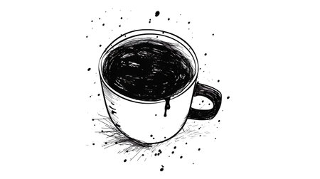Coffee cup sketch vector illustration. Hand drawn black and white cup of coffee.の素材
