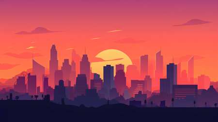 Cityscape at sunset. Vector illustration in flat style. Cityscape background.の素材