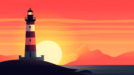 Lighthouse on the sea at sunset. Vector illustration in flat styleの素材