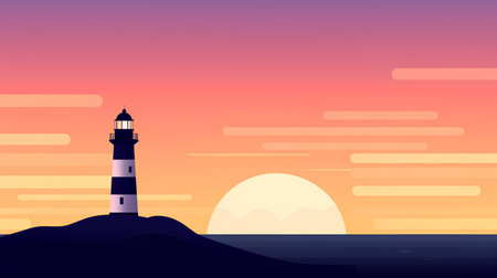 Lighthouse on the sunset background. Vector illustration in flat style.の素材