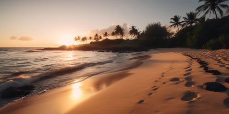 Tropical beach with palm trees and sand at sunset. Nature backgroundの素材