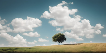 Lonely tree on the meadow under blue sky with cloudsの素材