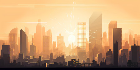 Cityscape with skyscrapers at sunset. Vector illustration. Cityscape background.の素材