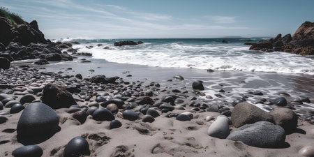 Beautiful seascape with black stones on the beach. Toned.の素材