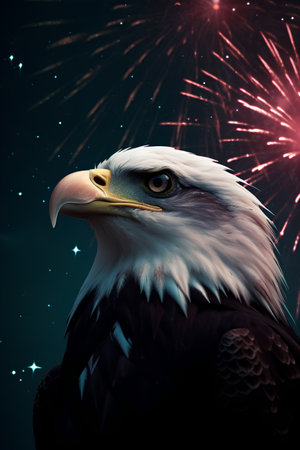 Bald Eagle with fireworks in the background. 3D illustration.の素材