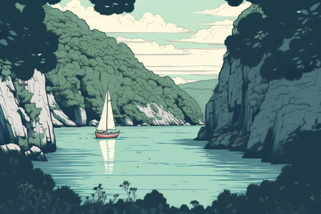 Sailing boat on the lake in the mountains. Vector illustration.の素材