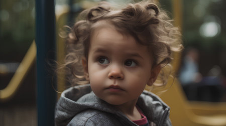 Portrait of a cute little girl with curly hair on the playgroundの素材