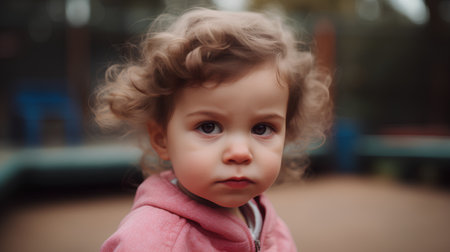 Portrait of a cute little girl with curly hair on the playgroundの素材