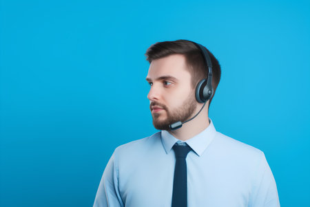Portrait of young male customer support operator with headset on blue backgroundの素材