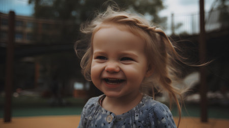 Portrait of a laughing little girl on the playground in the parkの素材