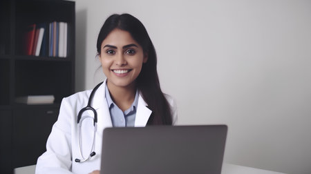Portrait of a smiling female doctor sitting at her desk and using laptopの素材