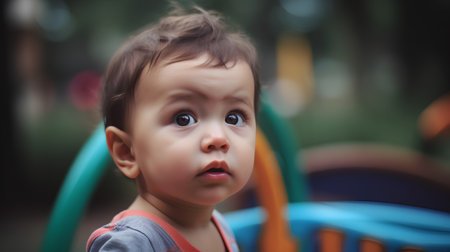 Portrait of a cute little boy on playground. Selective focus.の素材