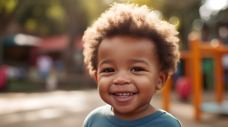 Portrait of a cute african american little boy smiling outdoorsの素材