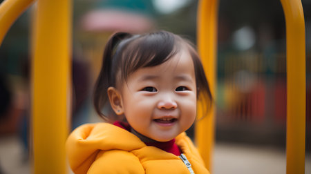 Cute asian child girl smiling on the playground. Selective focus.の素材