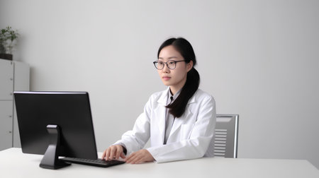 Beautiful asian doctor sitting at desk and working on computer.の素材