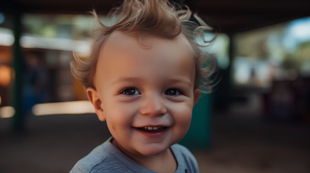 Portrait of a smiling little boy in the playground. Shallow depth of fieldの素材