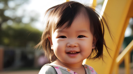 Portrait of happy asian baby girl smiling and looking at cameraの素材