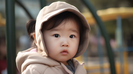 Portrait of cute asian baby girl in the park outdoor.の素材