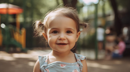 Portrait of a cute smiling little girl in a summer park.の素材