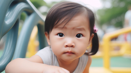 cute little asian baby girl looking at the camera on playgroundの素材