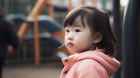 Portrait of a cute asian little girl in the playground.の素材