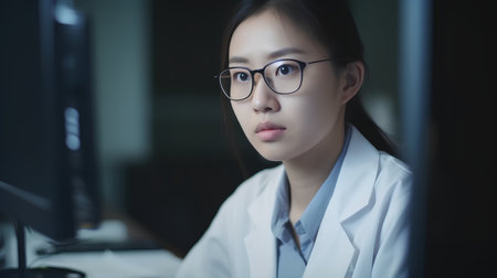 Portrait of young Asian female scientist working on computer in the laboratory.の素材