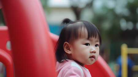 Cute asian baby girl playing on the playground in the park.の素材