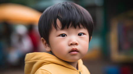 Portrait of cute asian baby boy looking at camera in outdoorの素材