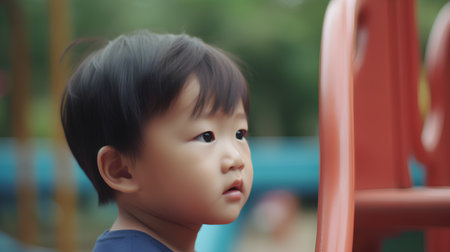 cute little asian boy looking at camera, shallow depth of fieldの素材