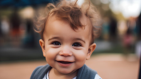 Portrait of a happy smiling baby boy in the park. Shallow depth of fieldの素材