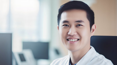 Portrait of happy young asian doctor sitting at desk in officeの素材