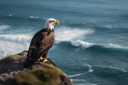 Bald Eagle (Haliaeetus leucocephalus) perched on a rock in front of the oceanの素材