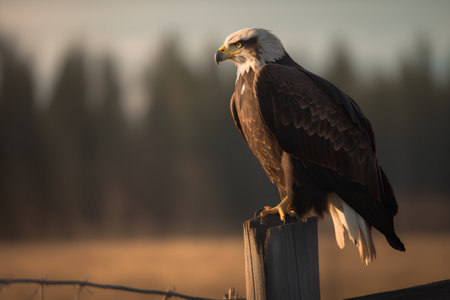 Bald Eagle (Haliaeetus leucocephalus) perched on a postの素材
