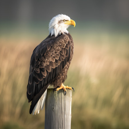 Bald Eagle (Haliaeetus leucocephalus) perched on a postの素材