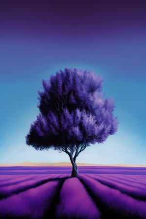 Lavender field with lonely tree, 3d render, purple backgroundの素材