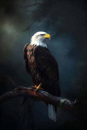 Bald Eagle sitting on a branch in the forest. 3d renderの素材