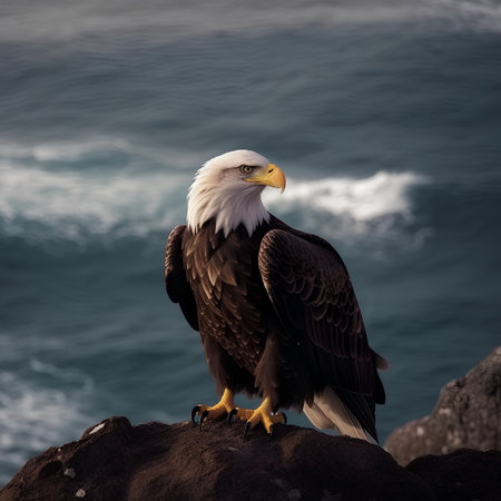 Bald Eagle sitting on a rock with the ocean in the backgroundの素材