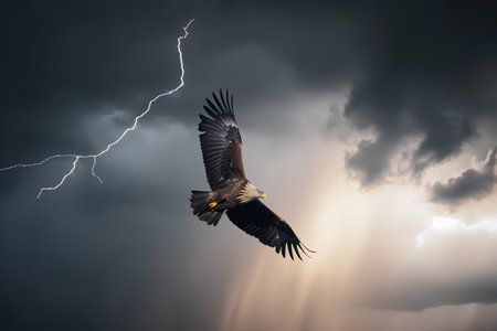 Eagle in the sky with thunderstorm and lightning. 3d renderingの素材