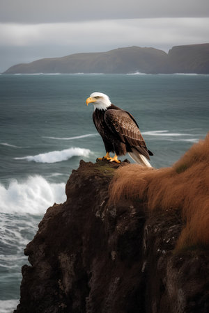 Bald Eagle sitting on a cliff by the sea in Iceland.の素材