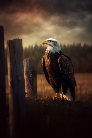 Bald Eagle on a post in the field at sunset. 3d renderingの素材