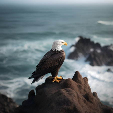 Bald Eagle on a rock with ocean and waves in the backgroundの素材