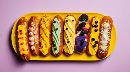 Assortment of eclairs in yellow plate on purple background.の素材