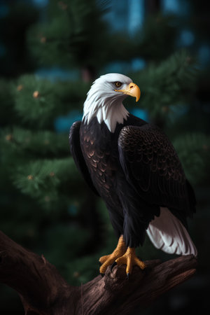 Bald Eagle sitting on a tree branch in front of a green backgroundの素材