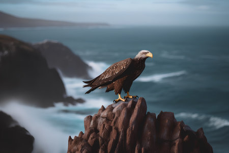 Bald Eagle on a cliff above the ocean. 3D Renderingの素材