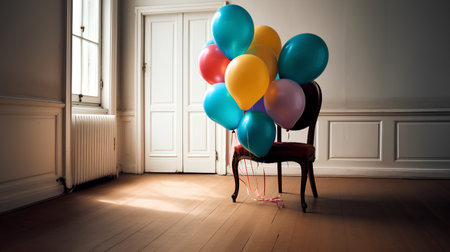 Colorful balloons on a chair in the room, 3d renderの素材