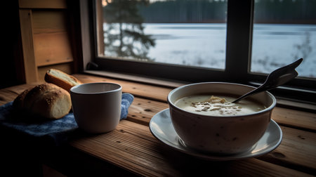 Coffee with milk on a wooden table near the window.の素材