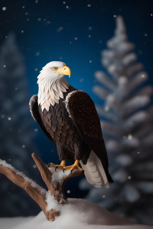Bald Eagle sitting on a branch in the snow. Christmas background.の素材